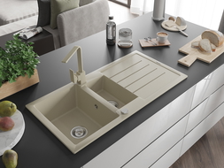 Mexen Andres 1,5 skyrių granito kriauklė su nutekėjimo lentyna ir virtuviniu maišytuvu Rita, smėlinė - 6515-69-670300-69