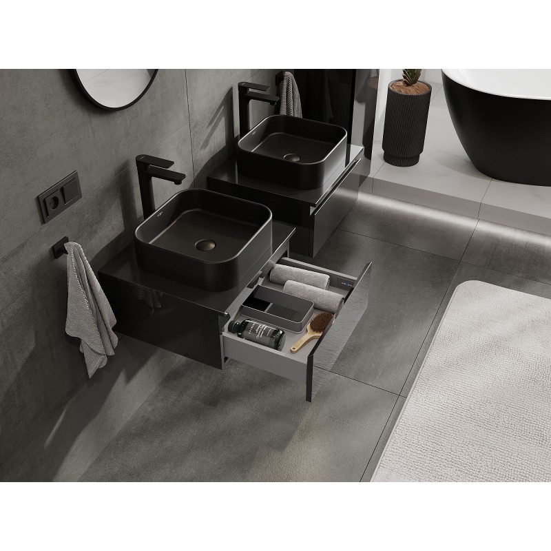 Mexen Orio vonios spintelė po praustuvu 50 cm su stalviršiu, 1 stalčius, juodas blizgesys - 91A10-05023-1-BFC70