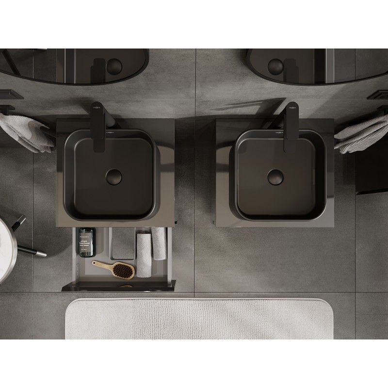 Mexen Orio vonios spintelė po kriaukle 50 cm su stalviršiu, 2 stalčiai, blizgi juoda - 91A10-05047-2-BFFC70