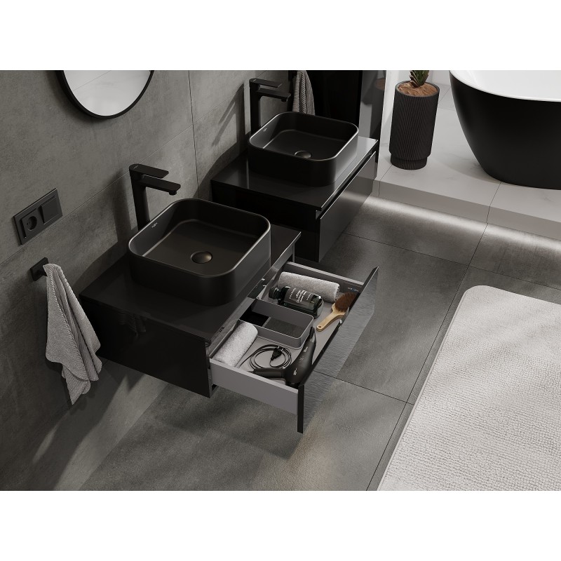 Mexen Orio vonios spintele po praustuvu 60 cm su stalviršiu, 1 stalčius, juodas blizgus - 91A10-06023-1-BFC70