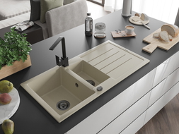 Mexen Andres granitinė 1,5 skylių plautuvė su nutekėjimu ir virtuviniu maišytuvu Rita, smėlio spalvos - 6515-69-670300-70