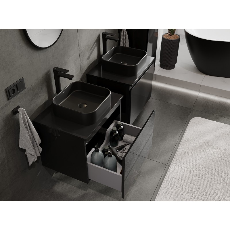 Mexen Orio vonios spintelė po praustuvu 60 cm su stalviršiu, 1 stalčius, juodas blizgus - 91A10-06047-1-BFC70