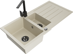 Mexen Andres granitinė 1,5 skylių plautuvė su nutekėjimu ir virtuviniu maišytuvu Rita, smėlio spalvos - 6515-69-670300-70