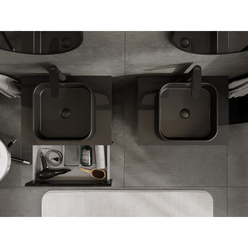 Mexen Orio vonios spintelė po kriaukle 60 cm su stalviršiu, 2 stalčiai, juodas blizgesys - 91A10-06047-2-BFFC70