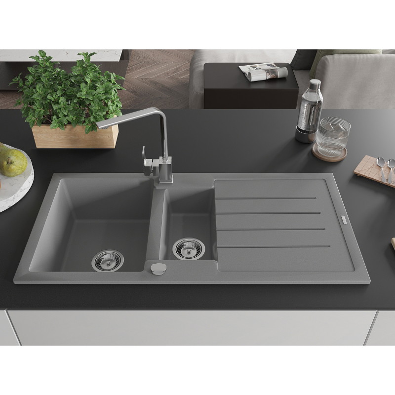 Mexen Andres granitinė 1,5-o kameros plautuvė su nusausintuvu ir virtuviniu maišytuvu Rita, pilka - 6515-71-670300-00