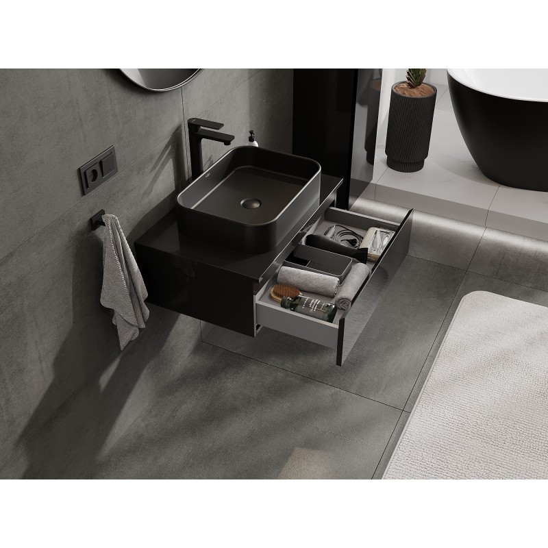 Mexen Orio vonios spintelė su stalviršiu, 70 cm, 1 stalčius, juodas blizgus - 91A10-07023-1-BFC70