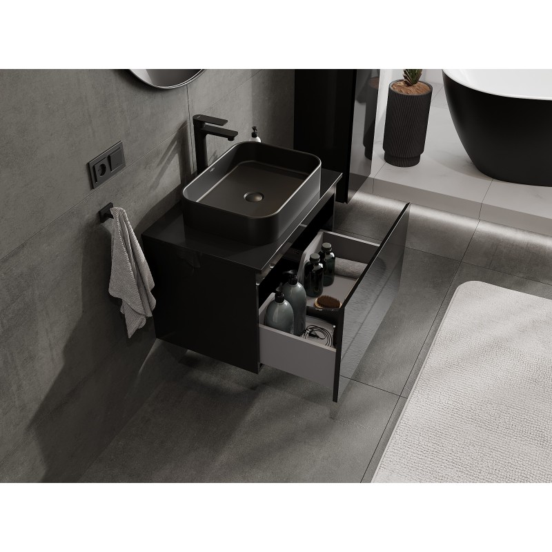 Mexen Orio vonios spintelė po praustuvu 70 cm su stalviršiu, 1 stalčius, juodas blizgesys - 91A10-07047-1-BFC70