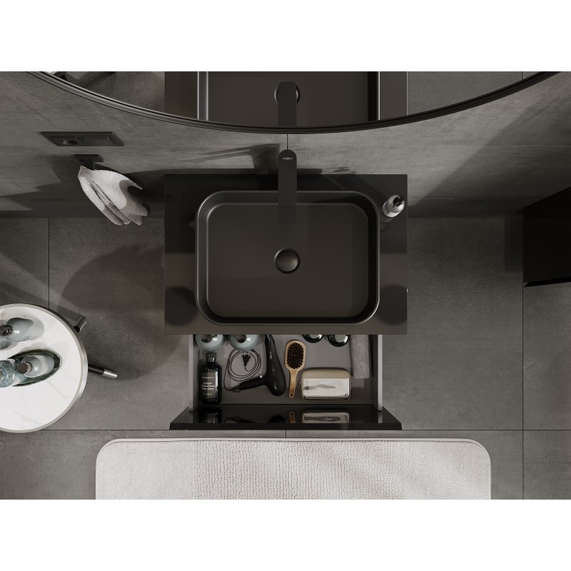 Mexen Orio vonios spintelė po praustuvu 70 cm su stalviršiu, 1 stalčius, juodas blizgesys - 91A10-07047-1-BFC70