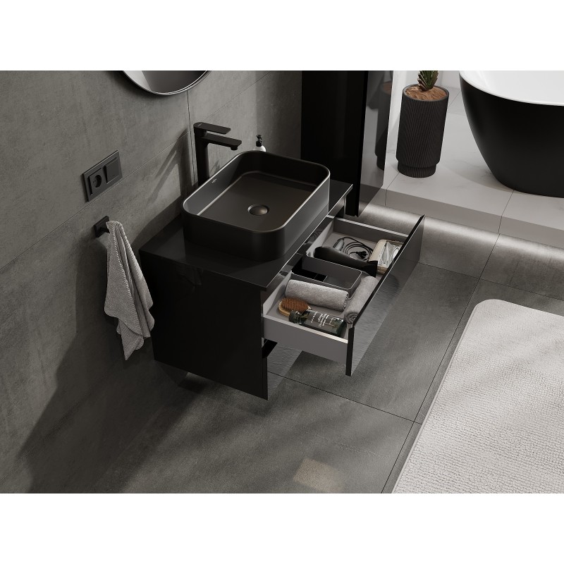 Mexen Orio vonios kambario spintelė po praustuvu 70 cm su stalviršiu, 2 stalčiai, juodas blizgesys - 91A10-07047-2-BFFC70