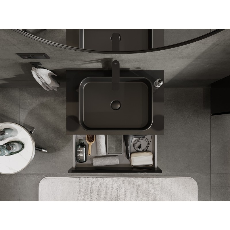 Mexen Orio vonios kambario spintelė po praustuvu 70 cm su stalviršiu, 2 stalčiai, juodas blizgesys - 91A10-07047-2-BFFC70