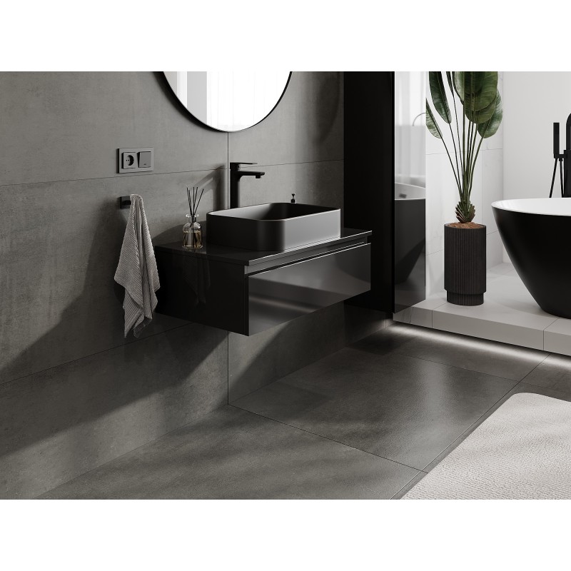 Mexen Orio vonios spintelė po praustuvu 80 cm su stalviršiu, 1 stalčius, juodas blizgesys - 91A10-08023-1-BFC70