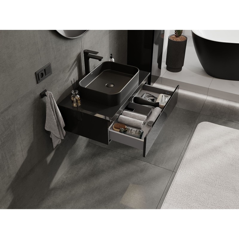 Mexen Orio vonios spintelė po praustuvu 80 cm su stalviršiu, 1 stalčius, juodas blizgesys - 91A10-08023-1-BFC70