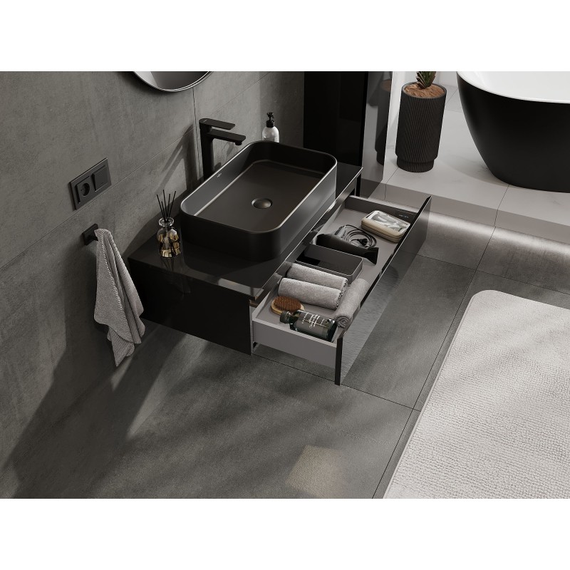 Mexen Orio vonios spintelė po kriaukle 90 cm su stalviršiu, 1 stalčius, juodas blizgesys - 91A10-09023-1-BFC70