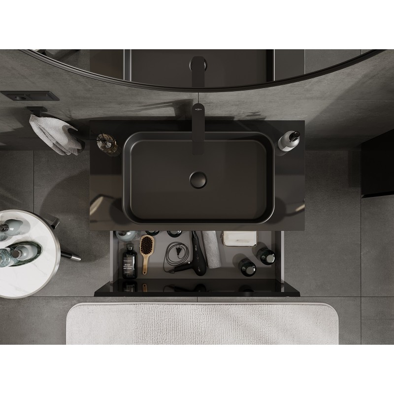 Mexen Orio vonios spintelė po kriaukle 90 cm su stalviršiu, 1 stalčius, juoda blizgi - 91A10-09047-1-BFC70