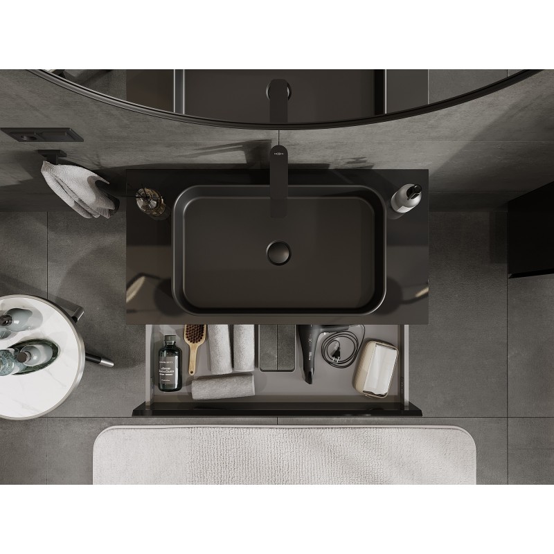 Mexen Orio vonios spintele po praustuvu 90 cm su stalviršiu, 2 stalčiai, juodas blizgesys - 91A10-09047-2-BFFC70