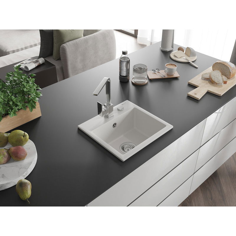 Mexen Milo granitinė vienos kameros plautuvė su virtuviniu maišytuvu Rita, balta - 6505-20-670300-00