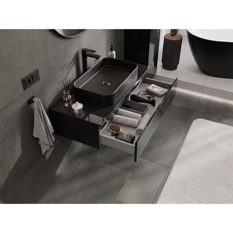 Mexen Orio vonios kambario spintelė su stalviršiu 100 cm, 1 stalčius, juodas blizgesys - 91A10-10023-1-BFC70