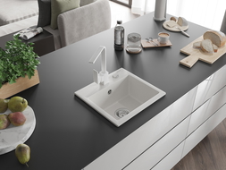 Mexen Milo vienos kameros granito plautuvė su virtuvės maišytuvu Rita, balta - 6505-20-670300-20