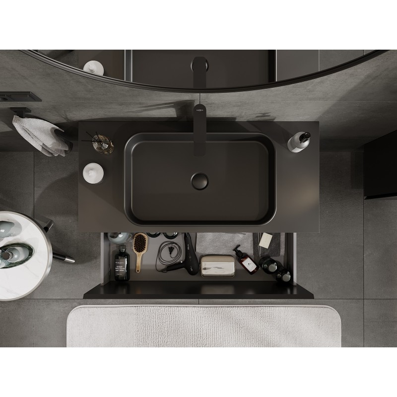 Mexen Orio vonios spintele po praustuvu 100 cm su stalviršiu, 1 stalčius, juodas mat - 91A10-10047-1-BFC71