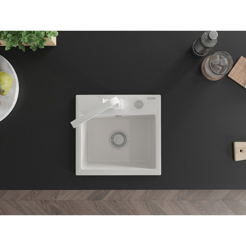 Mexen Milo vienos kameros granito plautuvė su virtuvės maišytuvu Rita, balta - 6505-20-670300-20