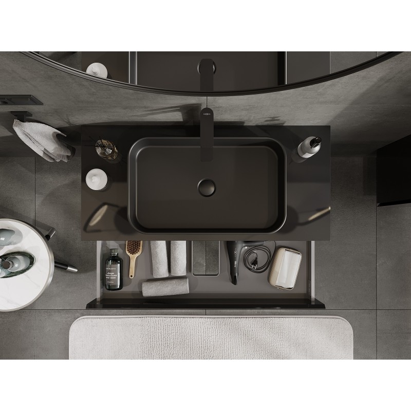 Mexen Orio vonios kambario spintelė po praustuvu 100 cm su stalviršiu, 2 stalčiai, juodas blizgesys - 91A10-10047-2-BFFC70