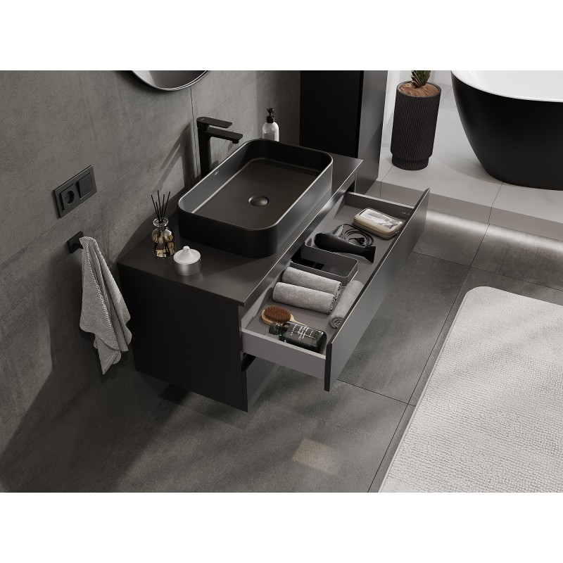 Mexen Orio vonios kambario spintelė po praustuvu 100 cm su stalviršiu, 2 stalčiai, juoda matinė - 91A10-10047-2-BFFC71