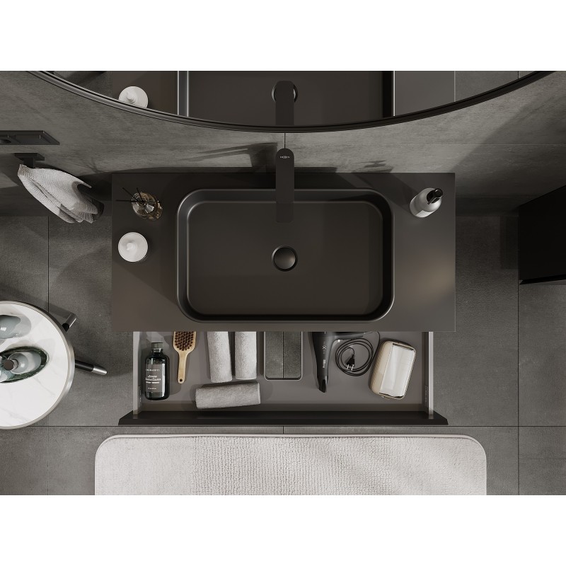 Mexen Orio vonios kambario spintelė po praustuvu 100 cm su stalviršiu, 2 stalčiai, juoda matinė - 91A10-10047-2-BFFC71