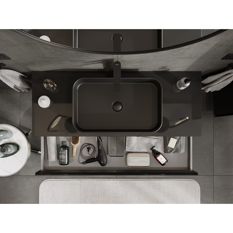 Mexen Orio vonios spintelė po praustuvu 120 cm su stalviršiu, 1 stalčius, juoda blizgi - 91A10-12023-1-BFC70