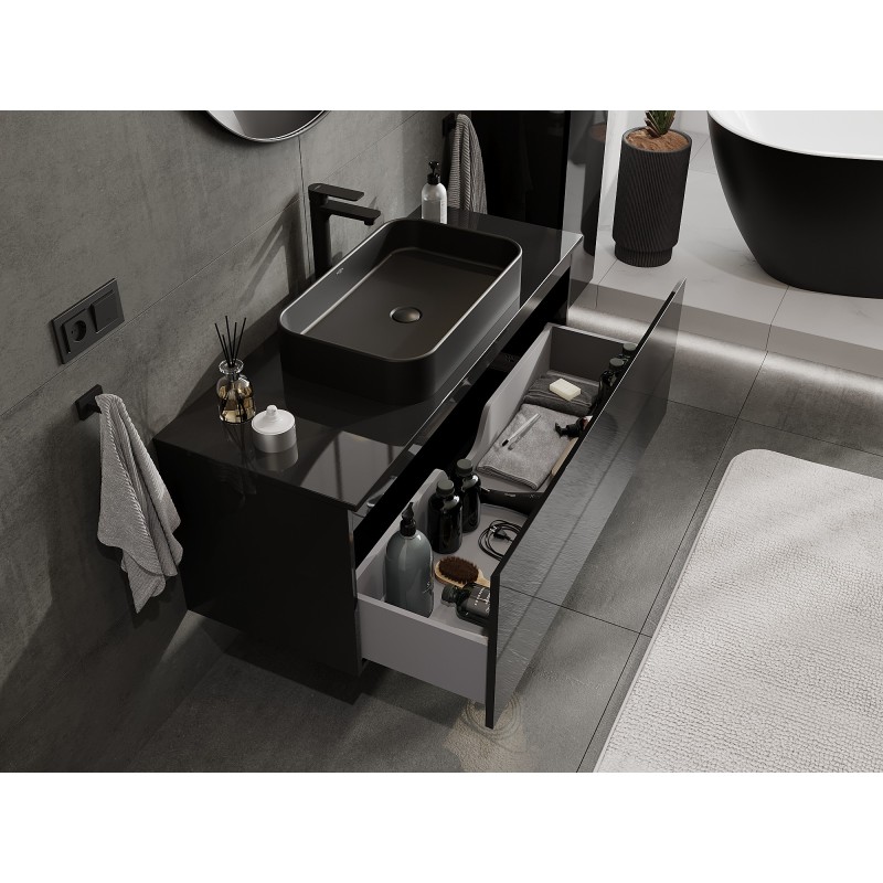 Mexen Orio vonios spintelė po praustuvu 120 cm su stalviršiu, 1 stalčius, juodas blizgus - 91A10-12047-1-BFC70