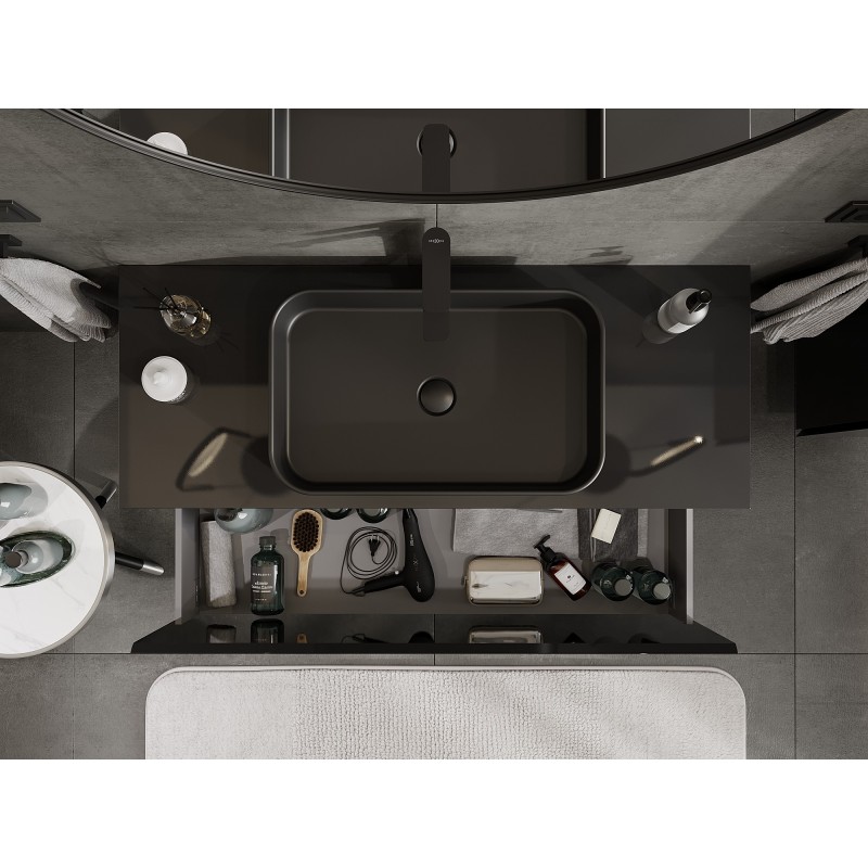 Mexen Orio vonios spintelė po praustuvu 120 cm su stalviršiu, 1 stalčius, juodas blizgus - 91A10-12047-1-BFC70