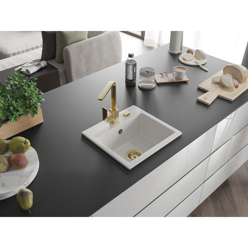 Mexen Milo granitinis vienos kameros plautuvas su virtuviniu maišytuvu Rita, baltas - 6505-20-670300-50