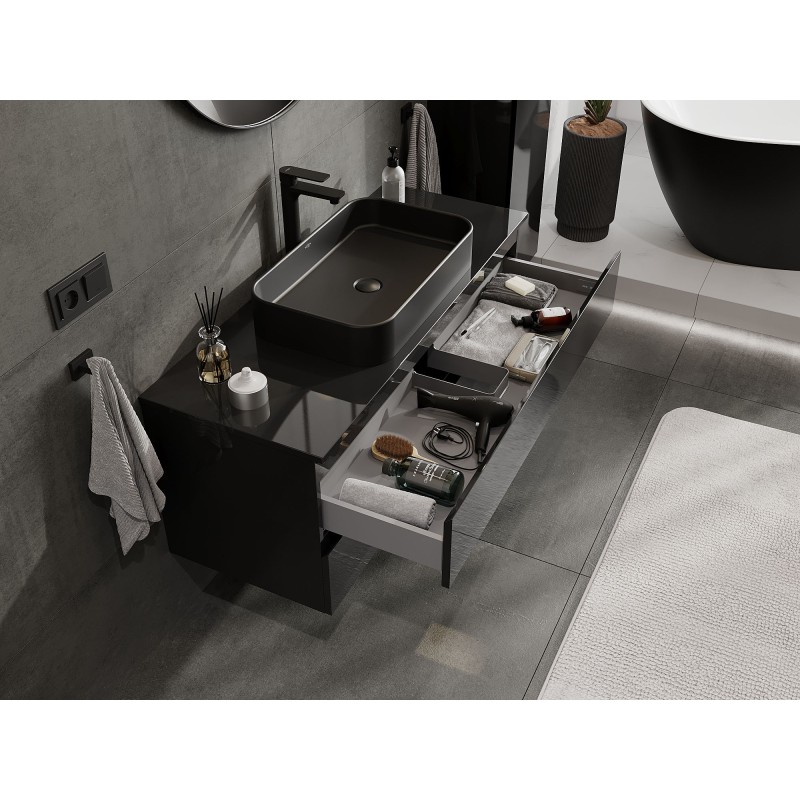 Mexen Orio vonios spintele po praustuvu 120 cm su stalviršiu, 2 stalčiai, juodas blizgus - 91A10-12047-2-BFFC70