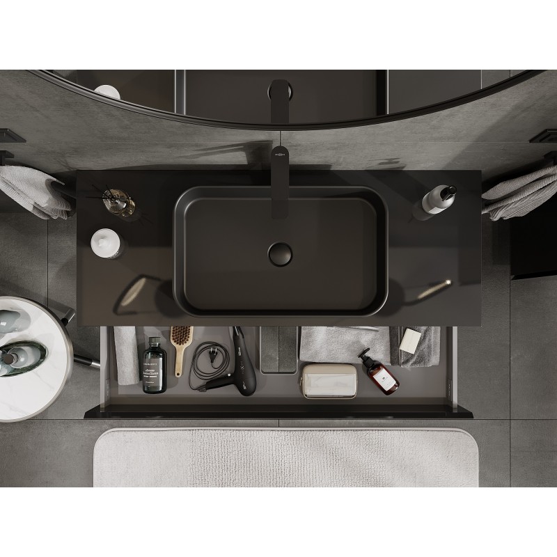 Mexen Orio vonios spintele po praustuvu 120 cm su stalviršiu, 2 stalčiai, juodas blizgus - 91A10-12047-2-BFFC70