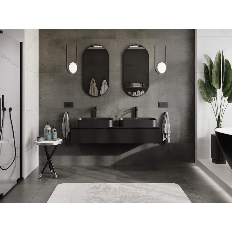 Mexen Orio vonios spintelė po kriaukle 140 cm su stalviršiu, 1 stalčius, juodas blizgesys - 91A10-14023-1-BFC70