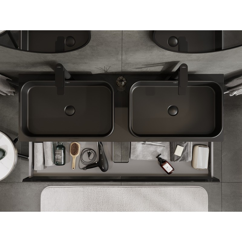 Mexen Orio vonios spintelė po kriaukle 140 cm su stalviršiu, 1 stalčius, juodas blizgesys - 91A10-14023-1-BFC70