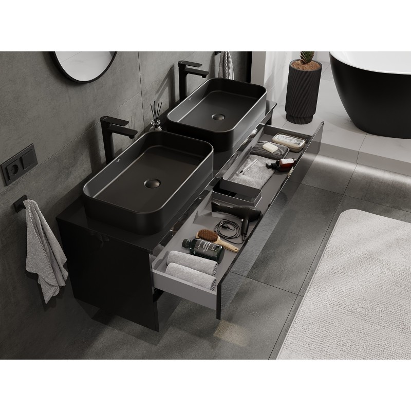 Mexen Orio vonios spintele po praustuvu 140 cm su stalviršiu, 2 stalčiai, juodas blizgus - 91A10-14047-2-BFFC70