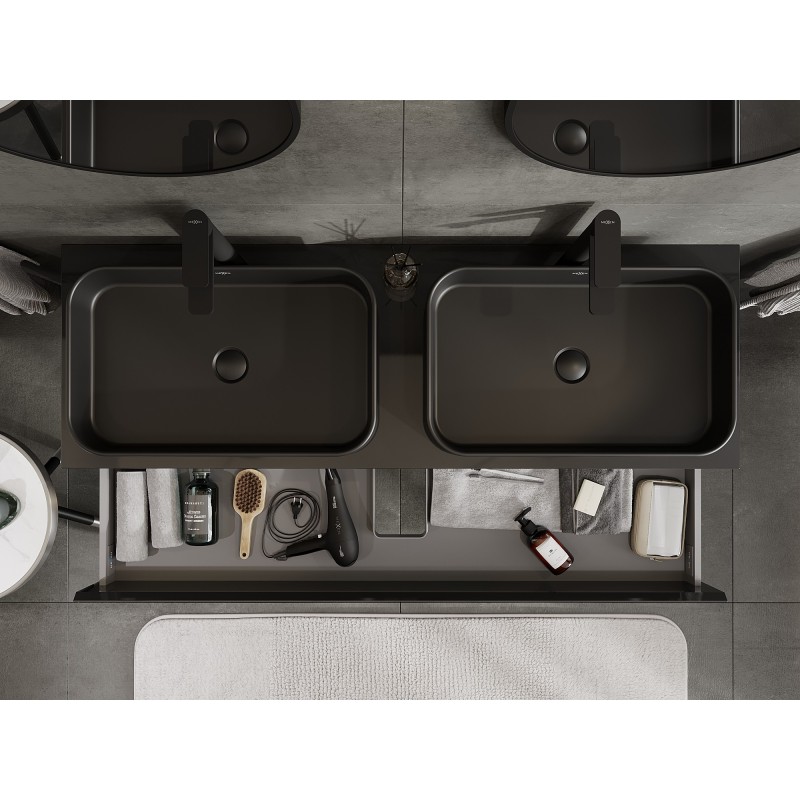 Mexen Orio vonios spintele po praustuvu 140 cm su stalviršiu, 2 stalčiai, juodas blizgus - 91A10-14047-2-BFFC70