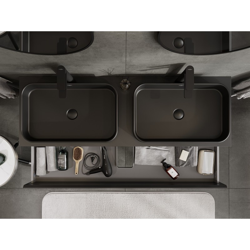 Mexen Orio vonios spintelė po praustuvu 140 cm su stalviršiu, 2 stalčiai, juoda matinė - 91A10-14047-2-BFFC71