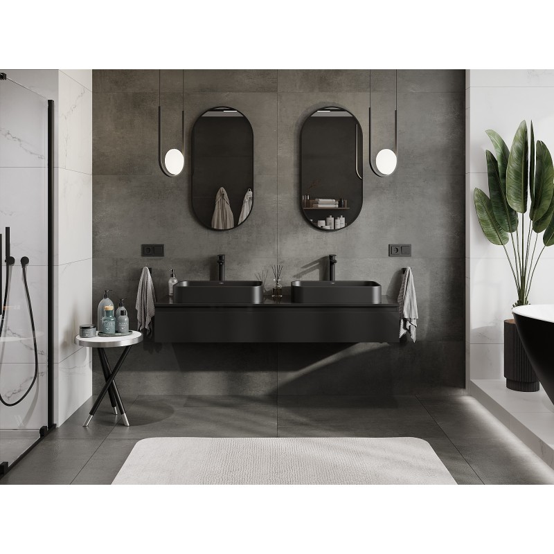 Mexen Orio vonios spintelė po praustuvu 160 cm su stalviršiu, 1 stalčius, juoda blizgi - 91A10-16023-1-BFC70