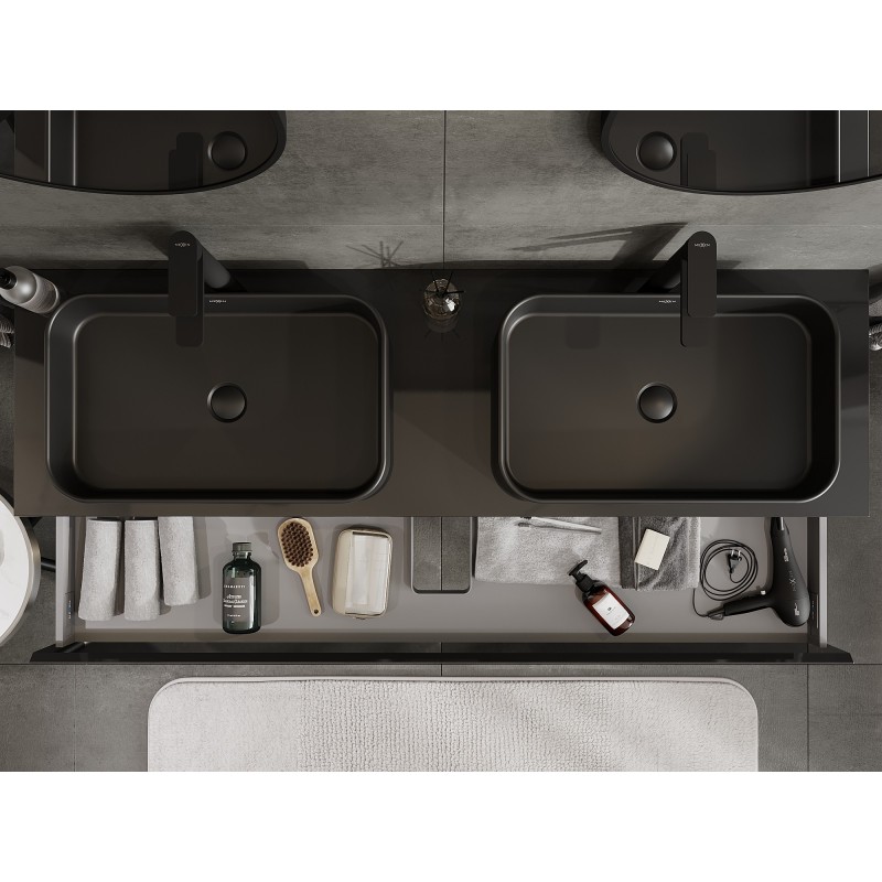 Mexen Orio vonios spintelė po praustuvu 160 cm su stalviršiu, 1 stalčius, juoda blizgi - 91A10-16023-1-BFC70