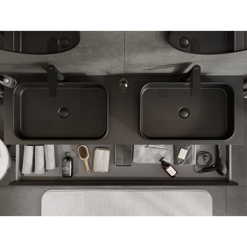 Mexen Orio vonios spintelė po kriaukle 160 cm su stalviršiu, 2 stalčiai, juoda matinė - 91A10-16047-2-BFFC71