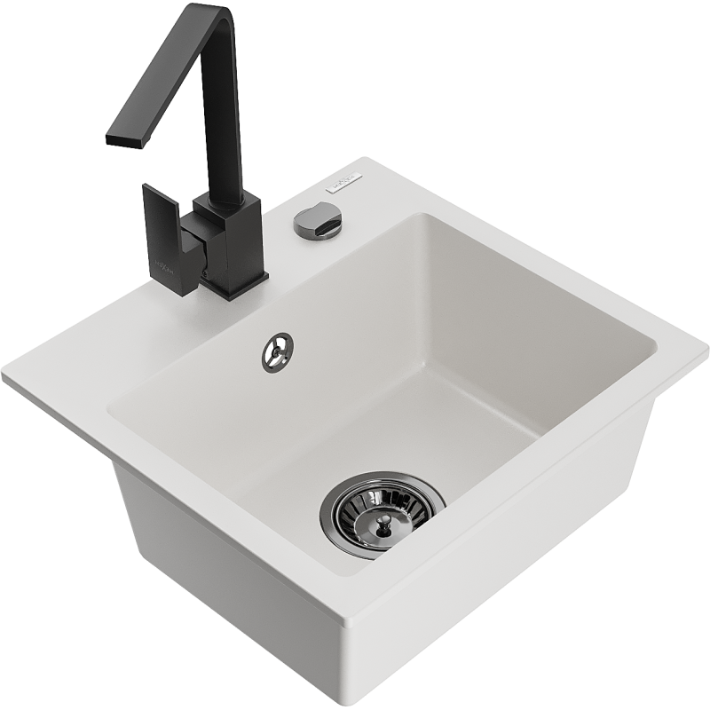 Mexen Milo granitinė plautuvė su viena kamera ir virtuviniu maišytuvu Rita, balta - 6505-20-670300-70