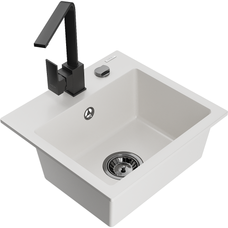 Mexen Milo granitinė plautuvė su viena kamera ir virtuviniu maišytuvu Rita, balta - 6505-20-670300-70