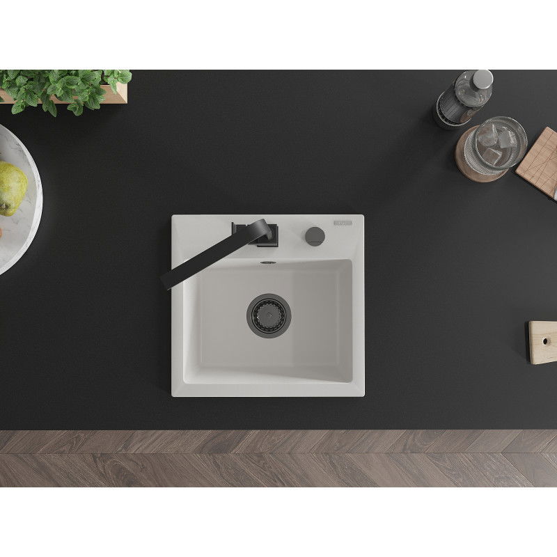 Mexen Milo granitinė plautuvė su viena kamera ir virtuviniu maišytuvu Rita, balta - 6505-20-670300-70