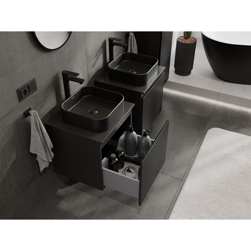 Mexen Rivel vonios spintelė po kriaukle 50 cm su stalviršiu, 1 stalčius, rifliuota, juoda matinė - 91A20-05047-1-BFC71