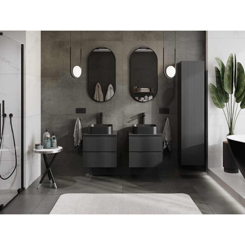 Mexen Rivel vonios kambario spintelė po kriaukle, 50 cm, su stalviršiu, 2 stalčiai, rievuota, matinė juoda