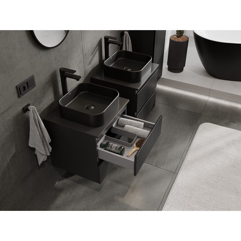 Mexen Rivel vonios kambario spintelė po kriaukle, 50 cm, su stalviršiu, 2 stalčiai, rievuota, matinė juoda