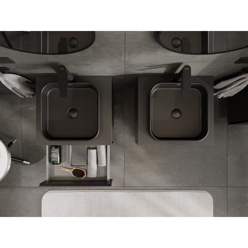 Mexen Rivel vonios kambario spintelė po kriaukle, 50 cm, su stalviršiu, 2 stalčiai, rievuota, matinė juoda