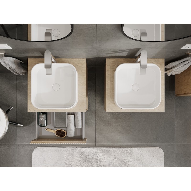 Mexen Rivel vonios spintelė po praustuvu 50 cm su stalviršiu, 2 stalčiais, rifliuota, ąžuolas - 91A20-05047-2-BFFC81