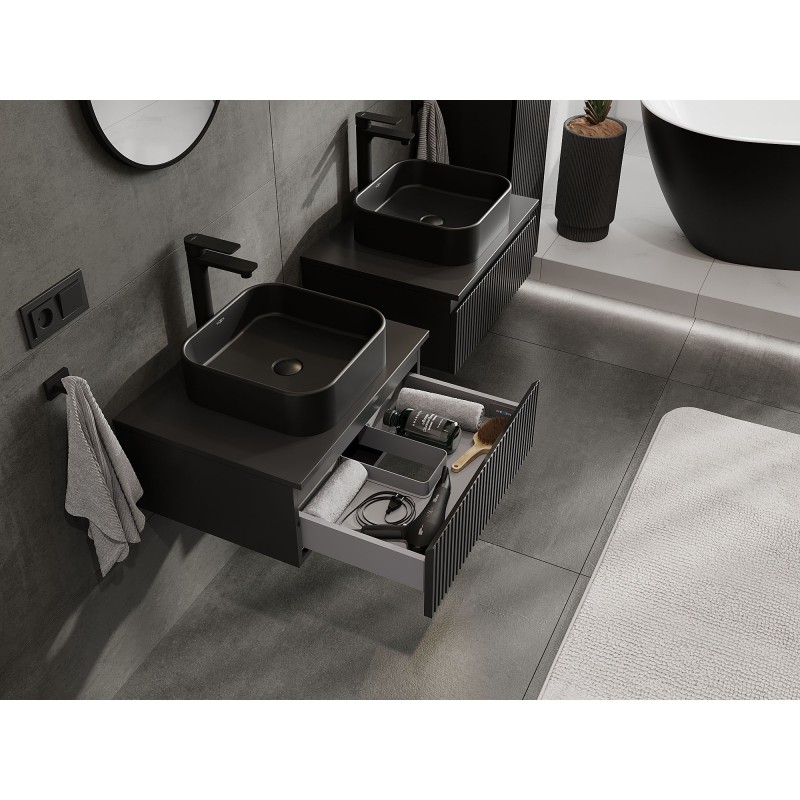 Mexen Rivel vonios spintelė po kriaukle 60 cm su stalviršiu, 1 stalčius, rifliuota, juoda matinė - 91A20-06023-1-BFC71